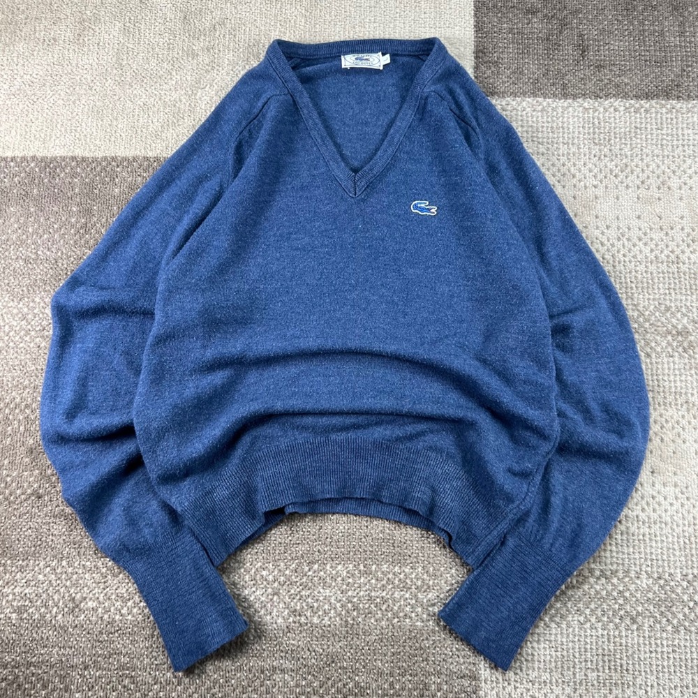 Vintage Izod Lacoste‎ Mens L Blue V-Neck Orlon Acrylic Sweater Made in USA 70s